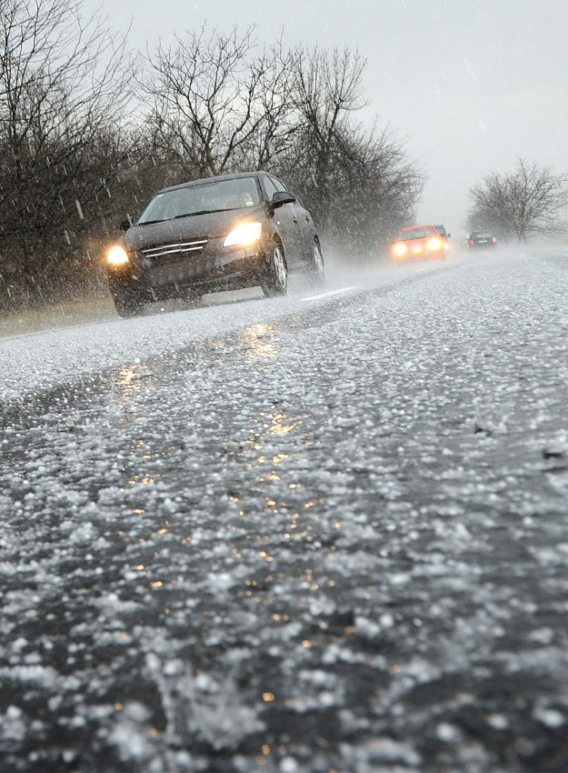 Hail Falling on Vehicles and Road